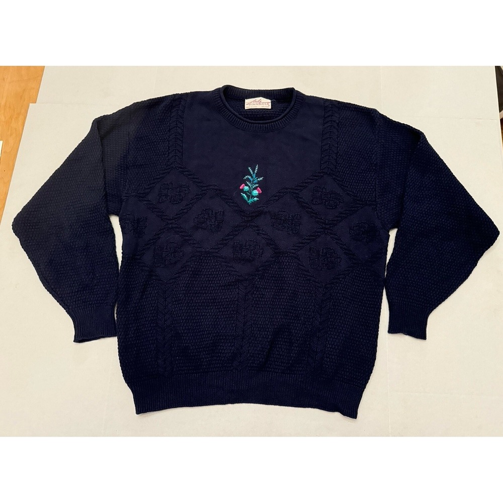 Lady Pinnacle Knit Sweater Women XL‎ Blue Embroidered Flower Cottage Core USA